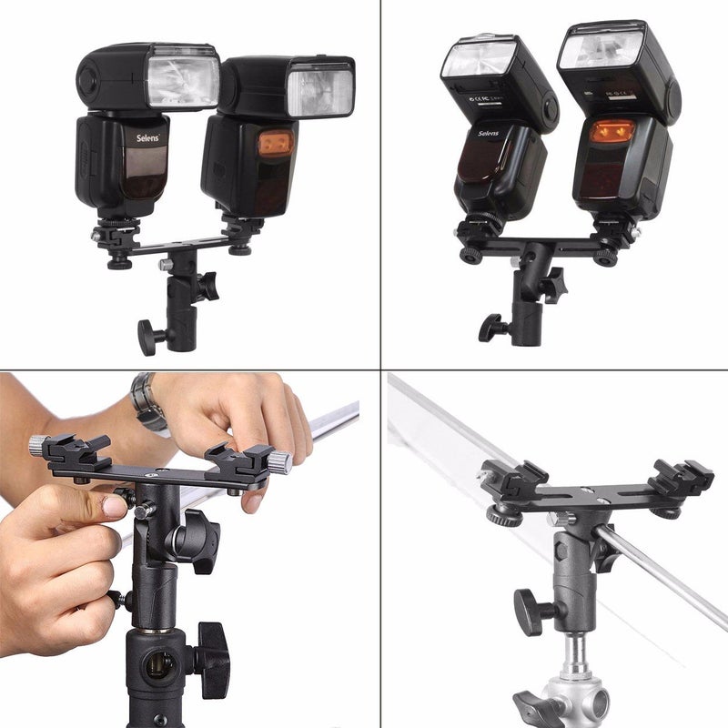 EXMAX E2 Adjustable Double Flash Bracket Dual Hot Shoe Speedlight Stand Umbrella Holder Light Stand Bracket Mount 1/4" to 3/8'' for Studio Video DSLR Camera - Image 5